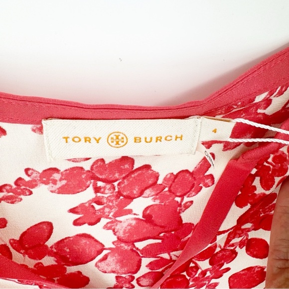✅ NWT TORY BURCH BLOUSE V NECK SHORT SLEEVES 100% SILK Floral Red Top SIZE 4 - Picture 4 of 7